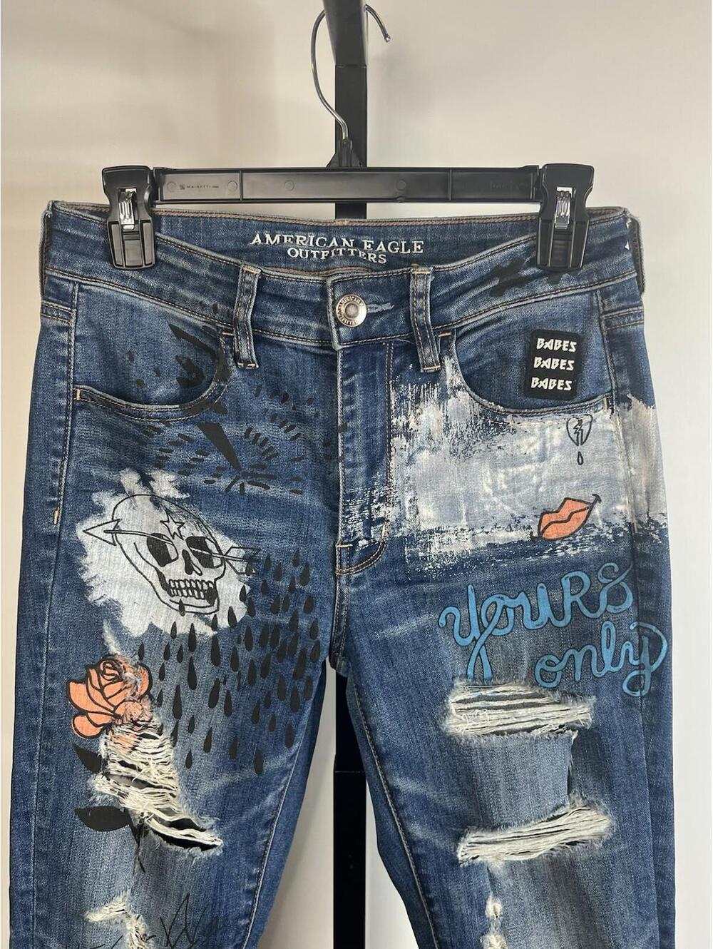 American Eagle 1810-6496 High Rise Distressed Graffiti Punk Y2K Jeggings Size 6 - Picture 5 of 15